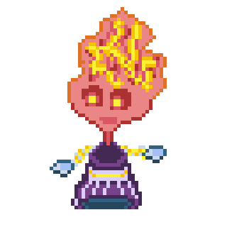 A spirit bound to a candle. Has a face in the candle flame, as well as some hands made from bits of ice. They are also wearing a purple dress with a yellow glowing belt